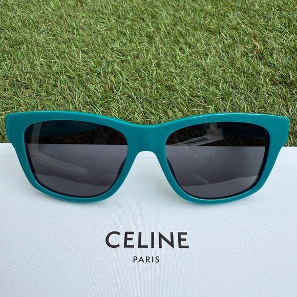 Celine MONOCHROMS 55mm Square Shiny Turquoise Smoke Green Sunglasses CL40249U - Picture 12 of 12